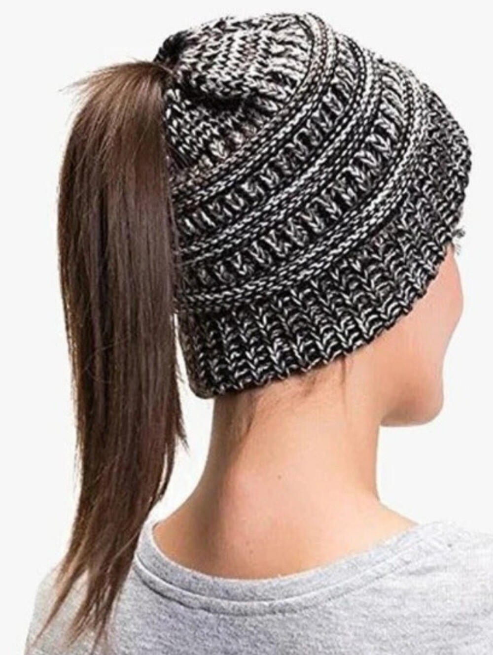Knit Ponytail Beanie Hat - Black & White